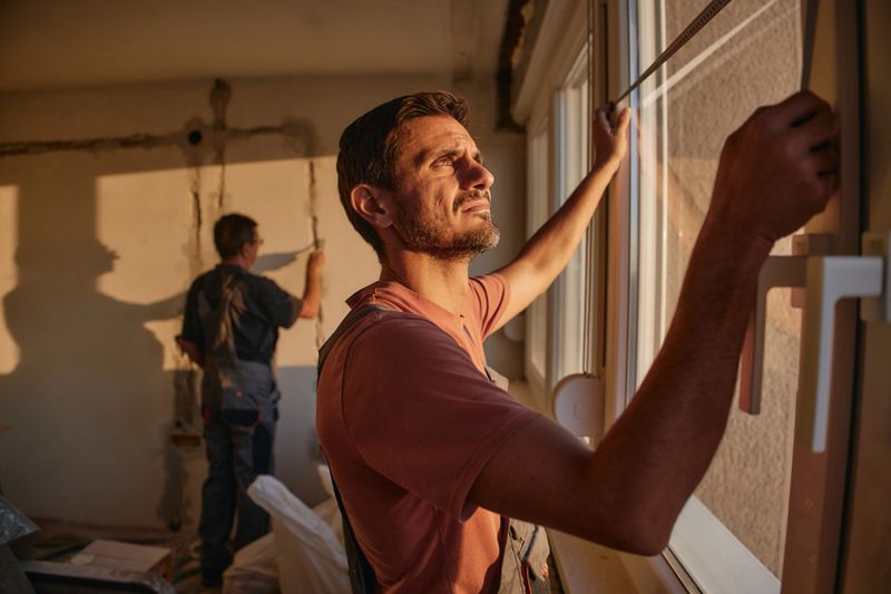 A focused Caucasian male worker installs a window in a sunlit room while another worker continues renovation in the background. The scene shows interior construction with natural light and tools during daytime.