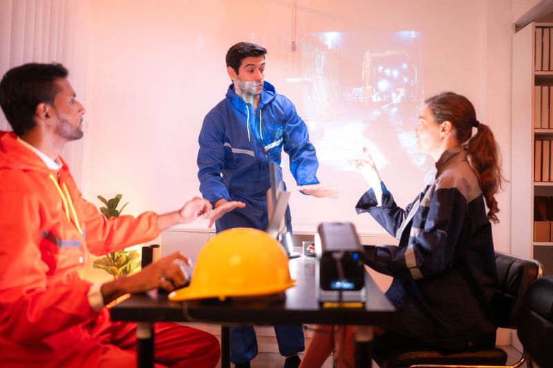 Engineers and industrial workers in safety uniforms discussing a tunnel construction project in a meeting room with site visuals on screen