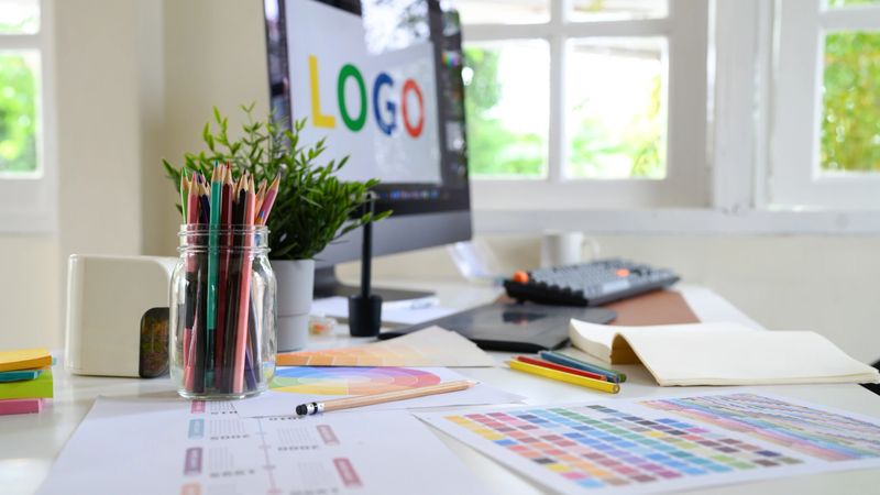 Creative woman designing logo sketches on notebook with color samples and tools in bright modern workspace.