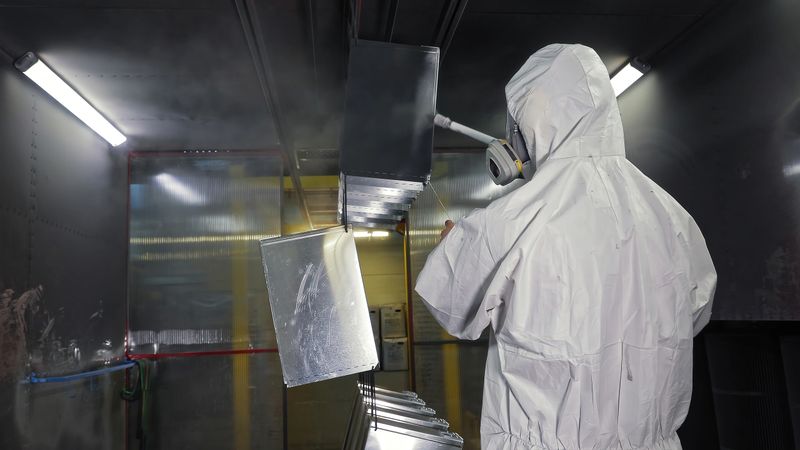 Worker in protective suit spray-painting metal parts. Industrial worker in hazmat suit using a spray gun to paint metal components inside a controlled spray booth environment