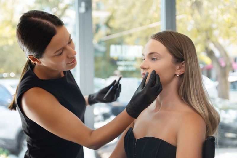 A skilled makeup artist is carefully applying makeup to the face of a model inside a contemporary beauty salon. Bright sunlight filters through the windows, enhancing the atmosphere.