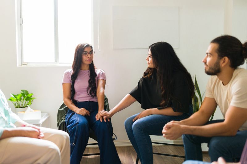 Woman feeling sad and receiving emotional support from another woman during a mental health support group meeting