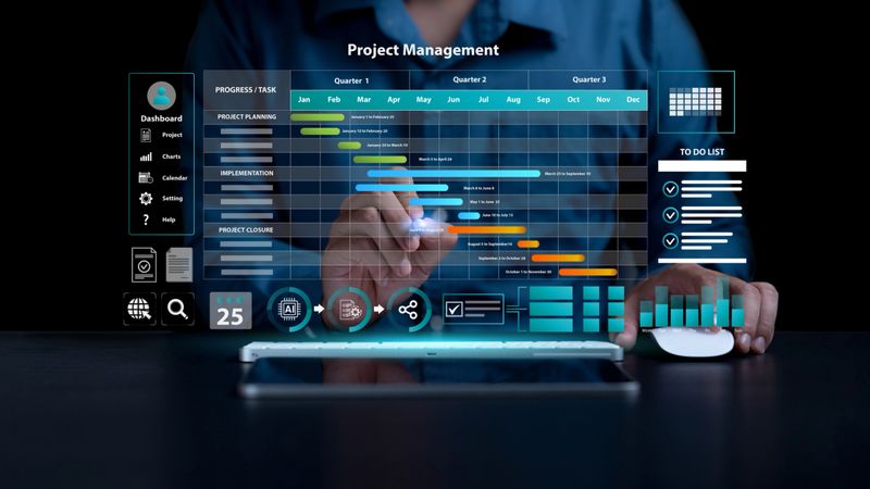 Business Planning Calendar Agenda work schedule and Project management concept. Businessman manages time for effective work with Calendar on virtual screen. Time management. Reminder appointment. AI.