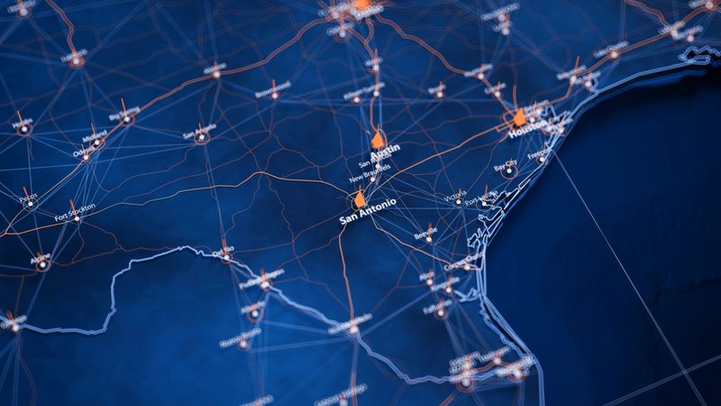 San Antonio map big data visualization. Futuristic map infographic of city in USA. Visual map data complexity in modern blue and orange colors.