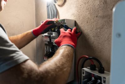 Person repairing an electrical panel.