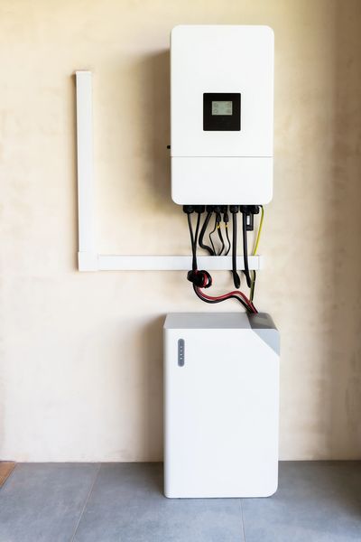 White home energy storage system mounted on a beige wall.