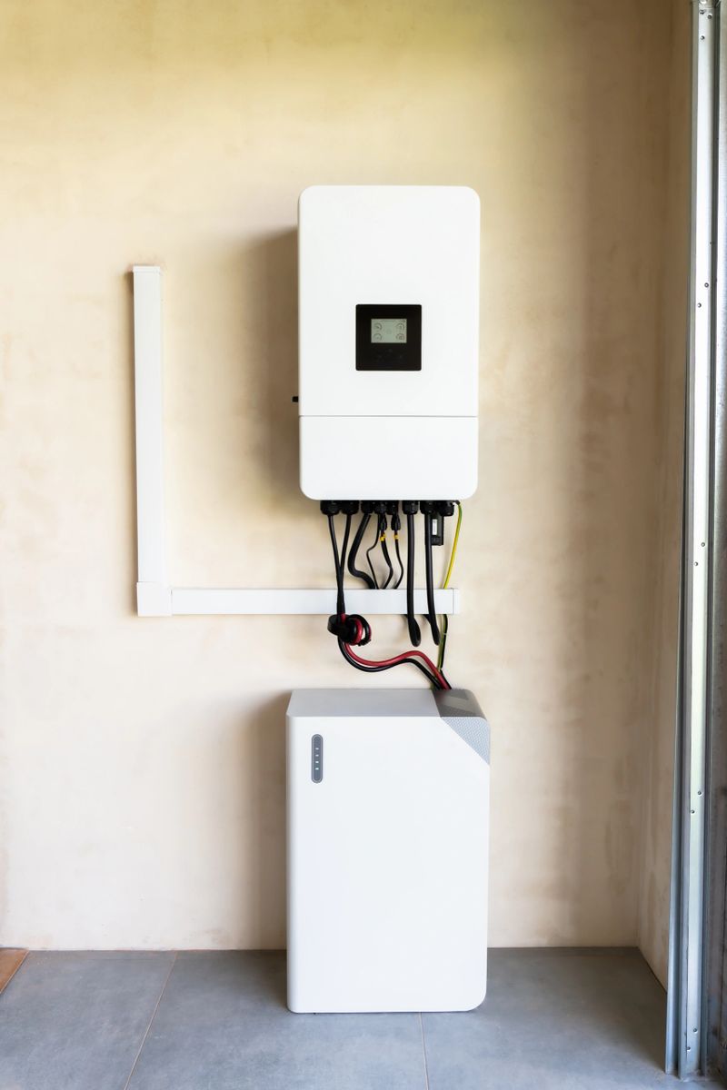 Modern solar inverter connected to a battery, part of a renewable energy system for storing and converting solar power efficiently.