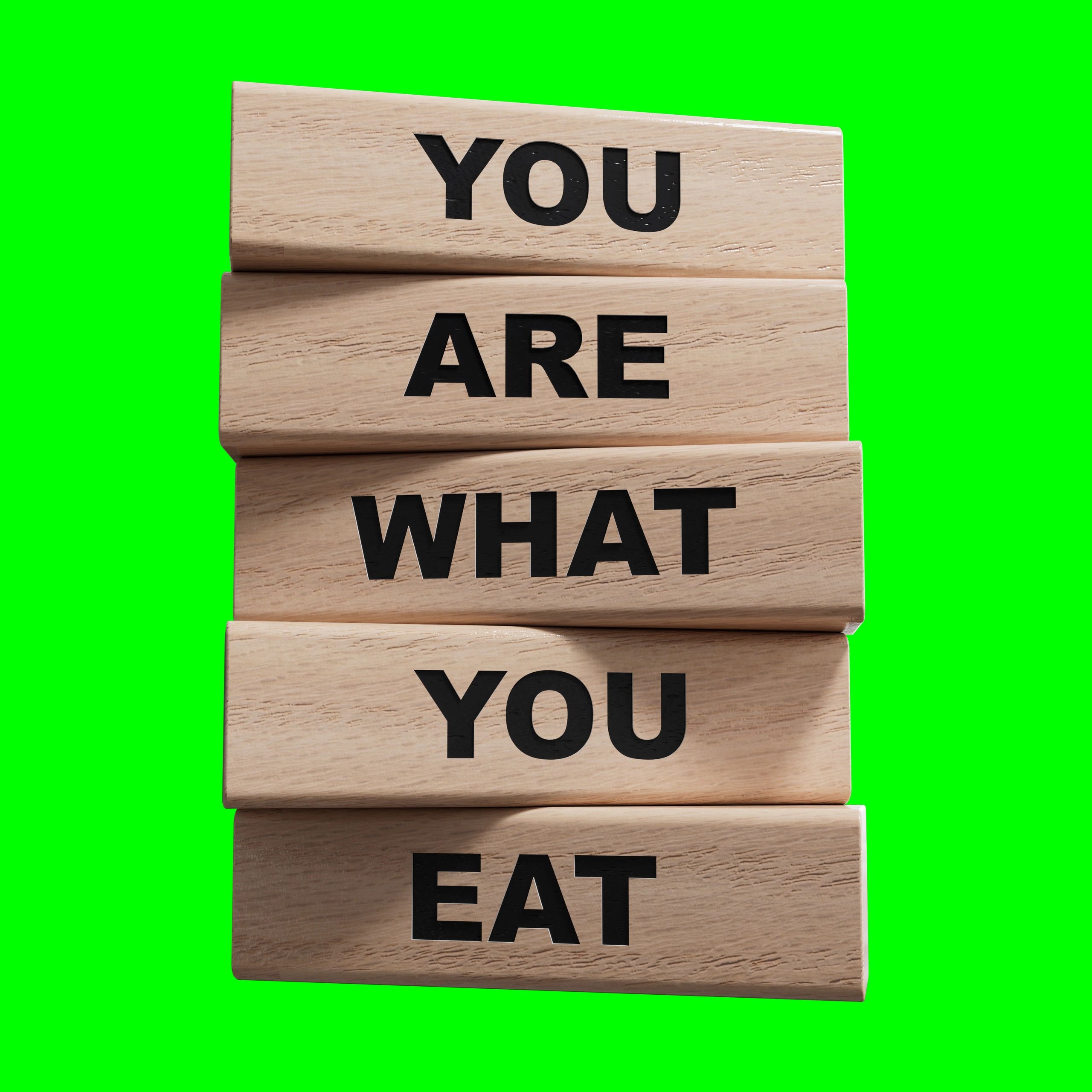 Wooden blocks with the phrase 'YOU ARE WHAT YOU EAT' on a green background.