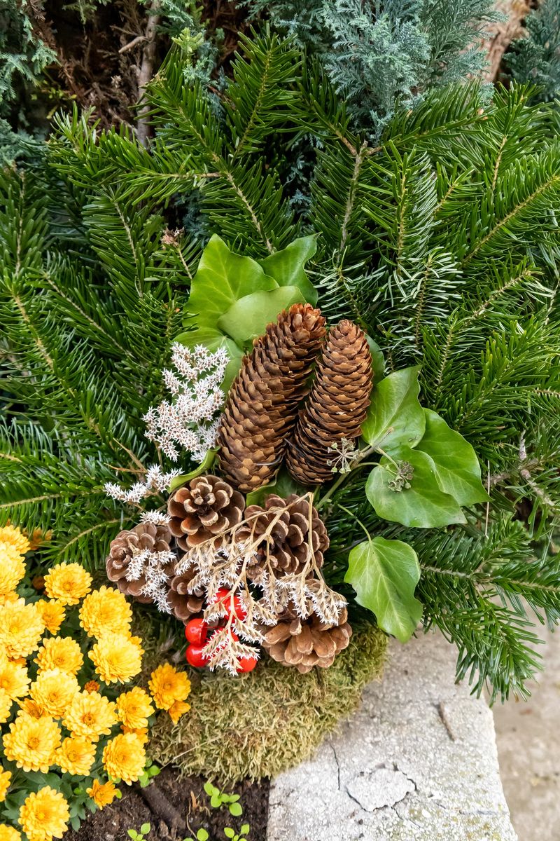 A bouquet made of pine branches and cones is placed beside a vibrant yellow chrysanthemum flower. The natural textures of the pine and cones contrast with the bright blossom, creating a serene and respectful arrangement suitable for a cemetery or memorial setting.