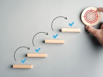 Step-by-step progress towards a target with checkmarks and arrows.