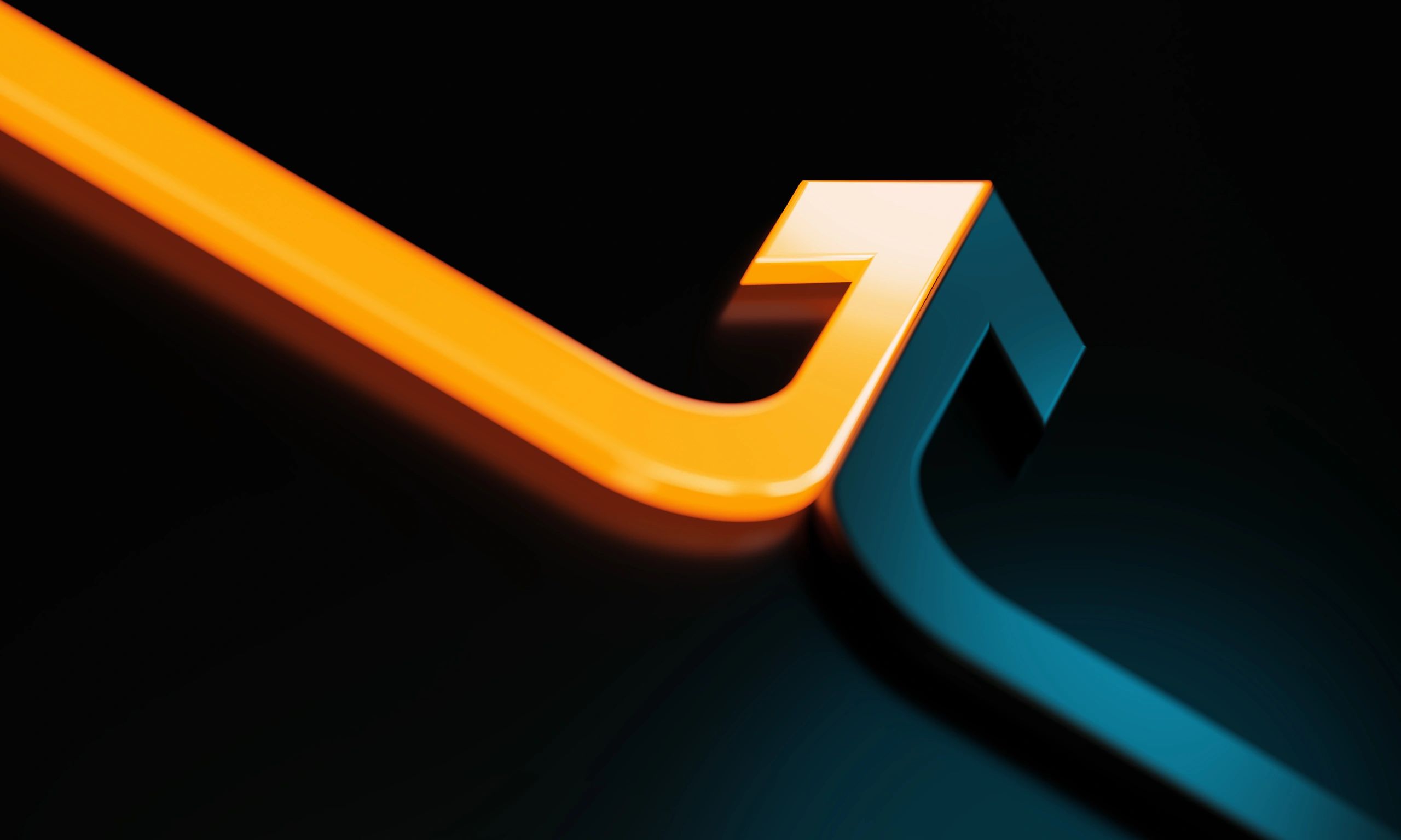 3D illustration of an upward arrow with orange and blue light effects.