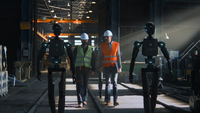 Engineers in Safety Vests and Helmets Collaborate With Humanoid Robots Inside High Tech Industrial Facility. Future of Smart Manufacturing Seamless Human Robot Teamwork, Innovation in Production.
