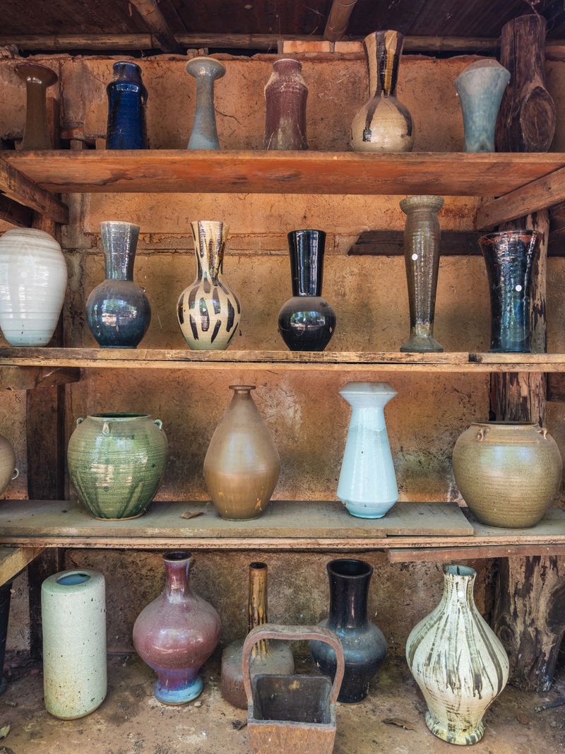 A rustic display of handcrafted ceramic vases and traditional pottery on wooden shelves, showcasing an antique collection of earthy-toned artistry and diverse shapes. An artistic ode to ancient