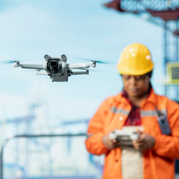 Construction worker operating a drone at a site.