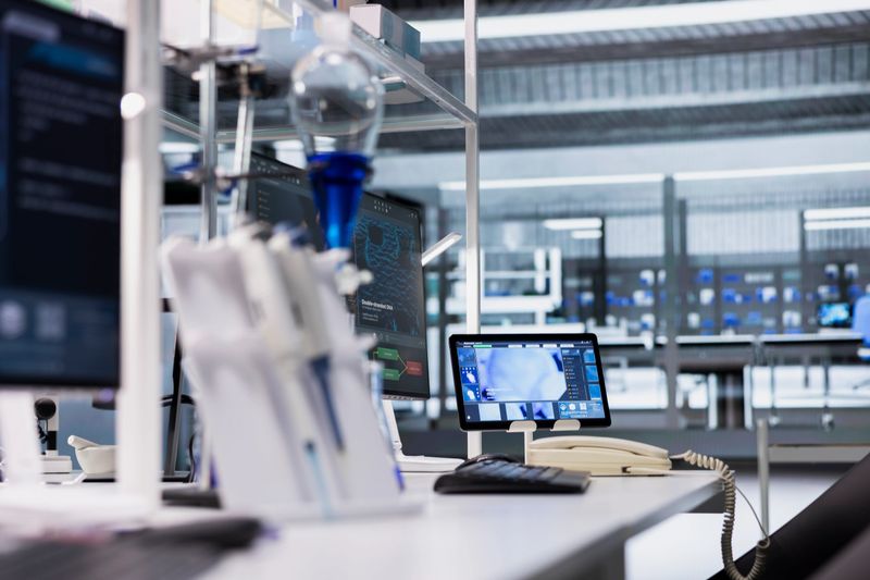 Tablet in lab with app interface showing genetic markers associated with disease risk. Digital device in laboratory used to study DNA strand mapping with genomics analysis program