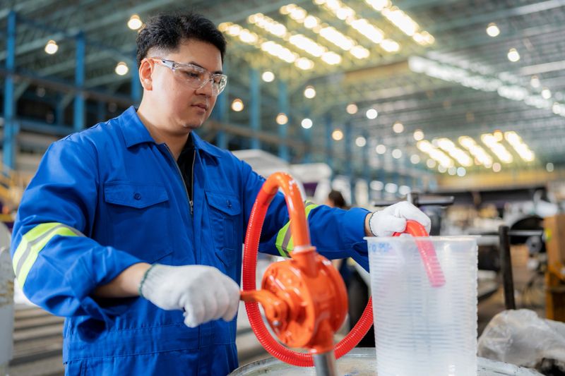 Engineer in safety gear using rotary hand pump to transfer and measure motor oil from drum container in auto repair shop. Concept of engine lubrication, industrial maintenance, safety control, blue-collar expertise, and mechanical service operation.