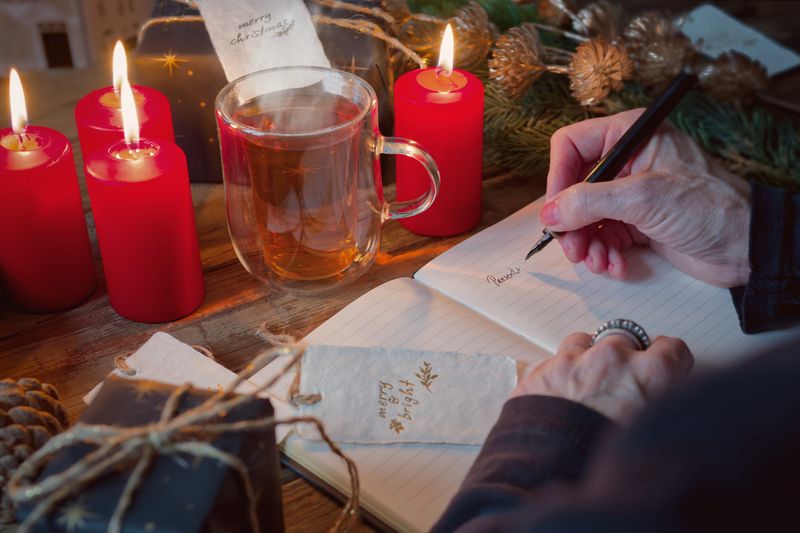 A woman is writing in a notebook near steaming tea, red candles, pinecones and holiday decorations. The warm lighting and rustic background convey comfort and Christmas preparation. Full frame shot - Christmas, mood and feeling