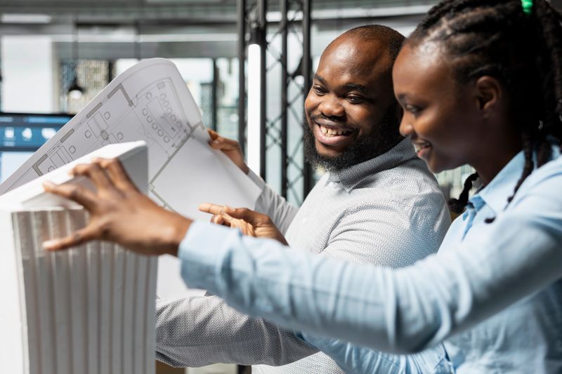 Diverse architectural team reviews 3D models and blueprints for a construction site, respecting zoning regulations and other details. Teamwork for site preparation, urban development.