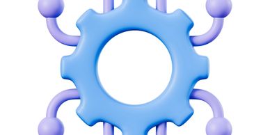 Blue gear with connected purple nodes symbolizing network or system.