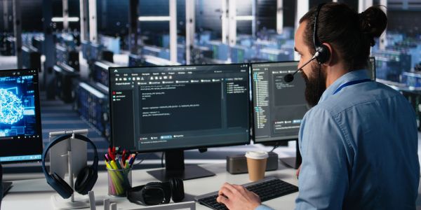 Software engineer coding at workstation with headset.