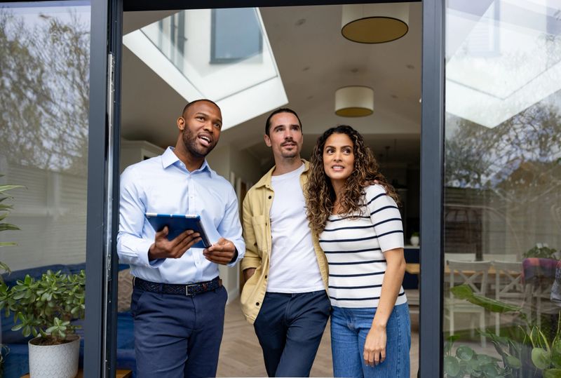 Happy couple looking at a house for sale with a real estate agent and smiling at a sliding door