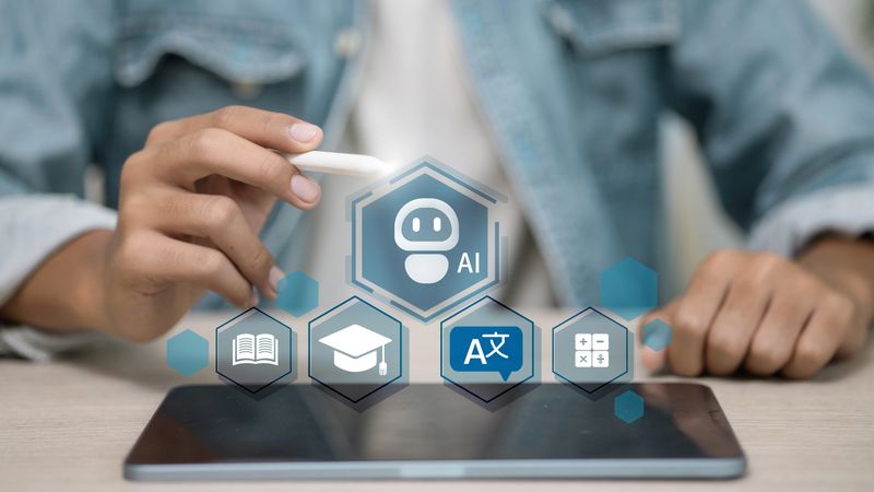 Hand with stylus tapping AI tutor icon above tabletstudent using artificial intelligence for learning, translation and math support; edtech assistant, personalized study, chatbot and smart tools.