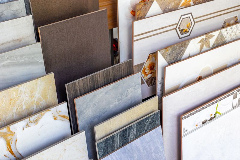 Variety of multi-colored ceramic tiles displayed in a store.