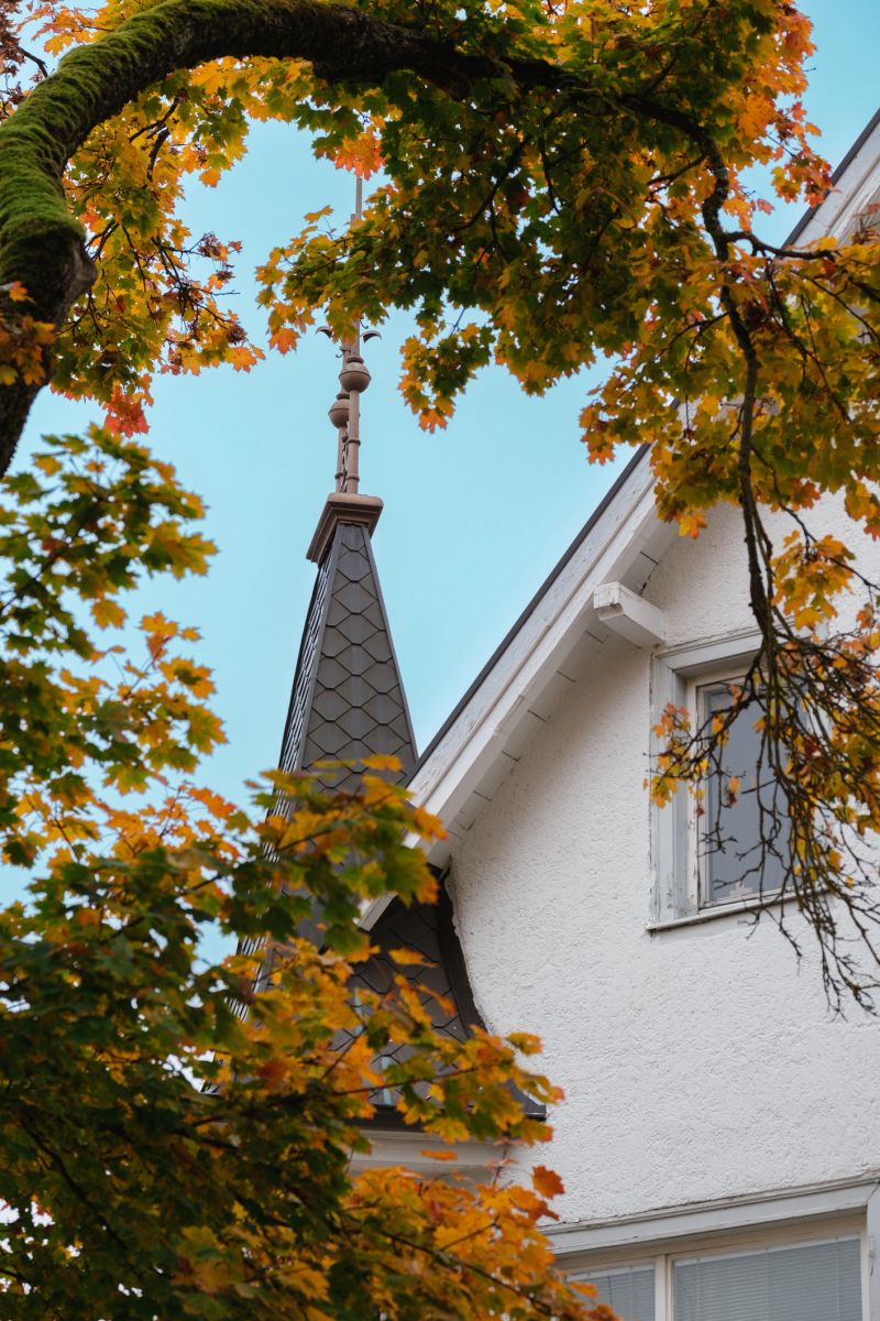 Autumn view of the spire and white facade of the house through an arch of golden foliage. Bright colors of autumn and the sky. Cozy and fabulous architecture.