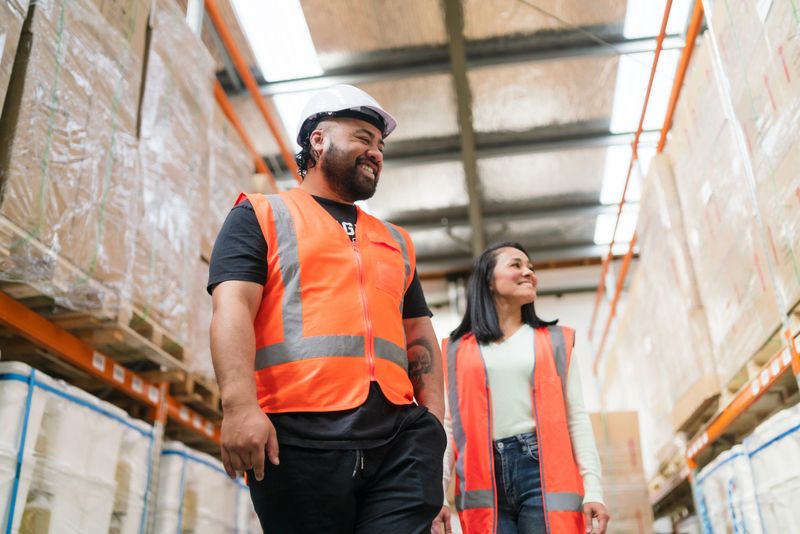 Team of logistics professionals walking through the warehouse, symbolizing coordination, supply chain efficiency, and seamless delivery operations.