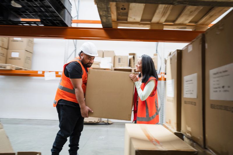 Warehouse staff handling boxes and coordinating inventory in a bustling facility, showcasing productivity, organization, and the flow of logistics operations.