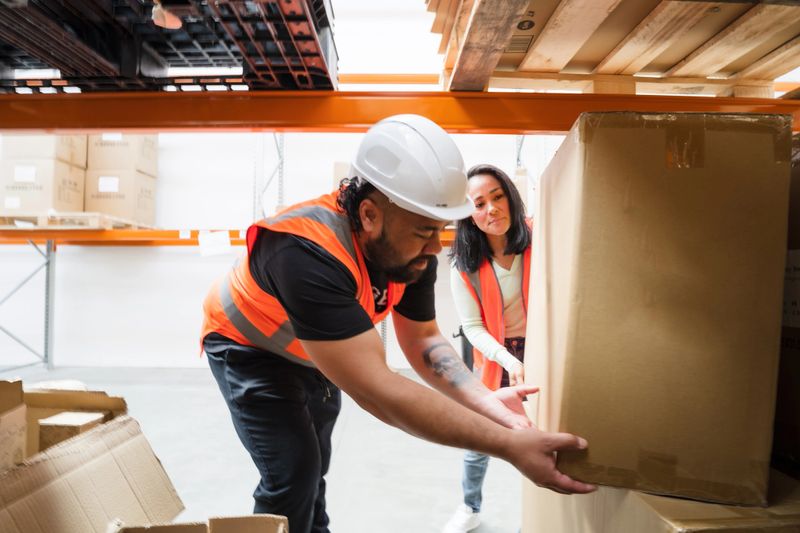 Logistics professionals efficiently carrying, organizing, and managing packages in a warehouse, highlighting teamwork, workflow, and the precision of modern facility operations.