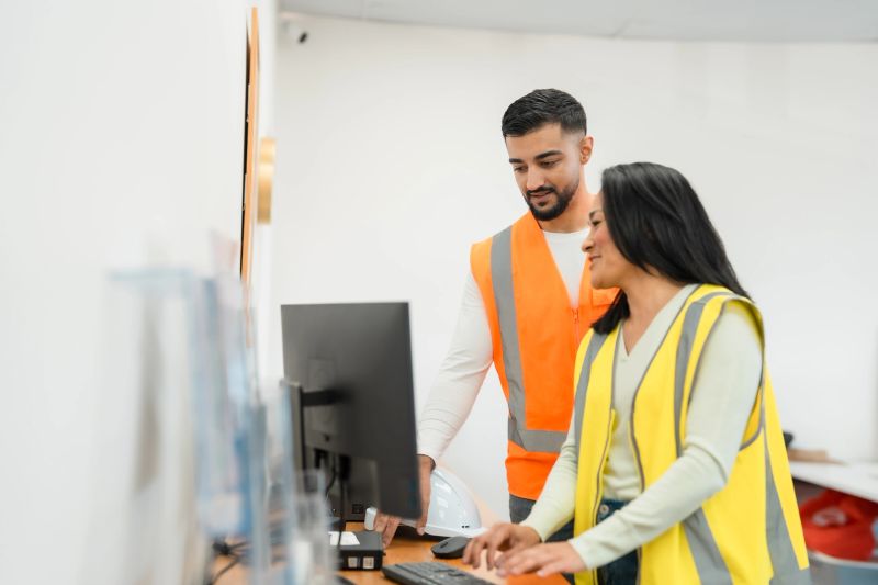 Warehouse staff work on computer to manage inventory, streamline logistics, and ensure smooth operations in a storage facility.