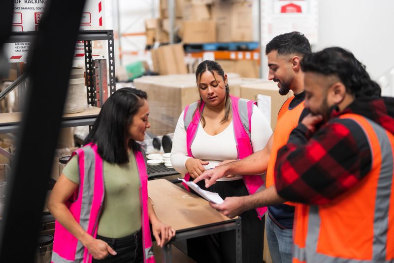 Warehouse staff in reflective clothing gather around papers, discussing shipment and inventory details to coordinate logistics operations effectively.