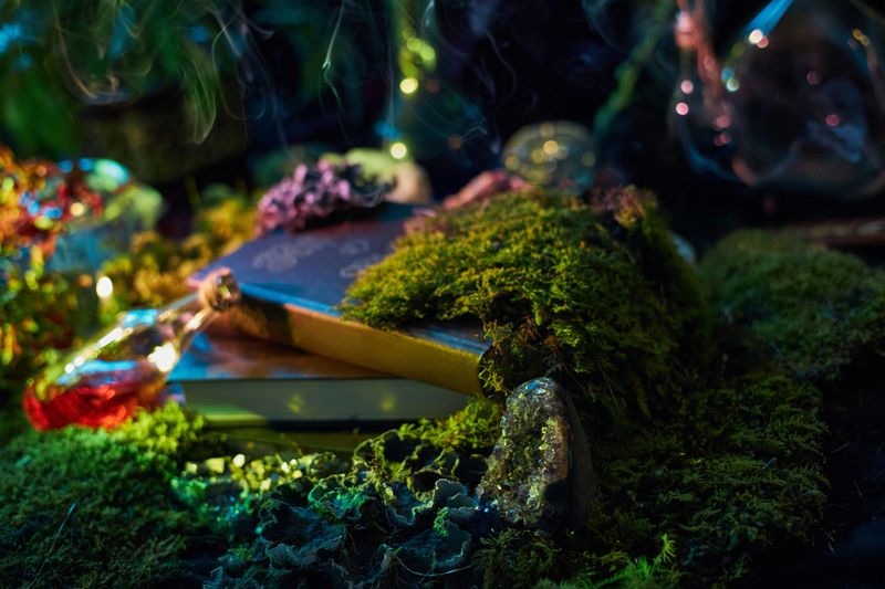 In a mystical forest setting, a book lies on lush green moss, surrounded by stones and glowing elements. Soft light adds an enchanting atmosphere to the scene, suggesting a magical world.