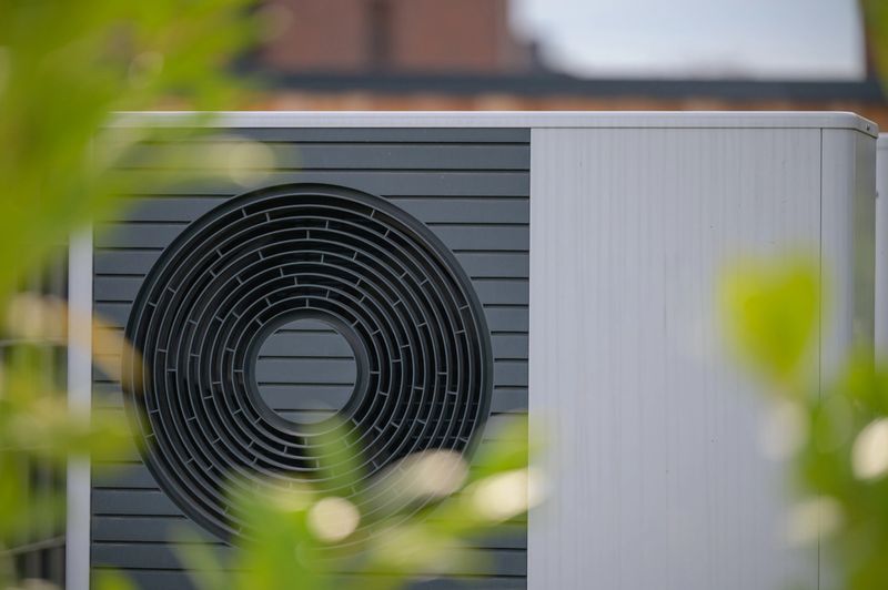 Close-up view of heat pump unit with a circular fan design framed by soft green foliage. Concept engineering of sustainable home heating technology.