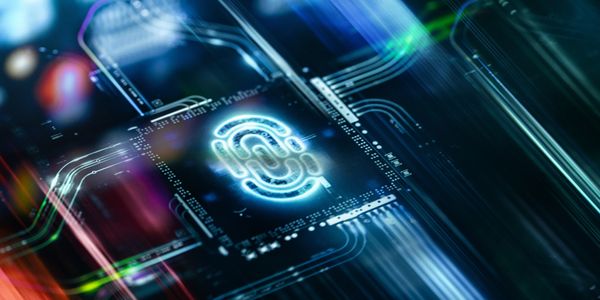 Glowing fingerprint icon on a futuristic circuit board representing biometric technology.