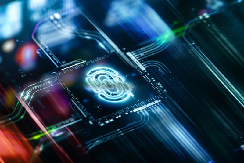 A futuristic cyber security scene featuring a glowing fingerprint over digital circuitry, symbolizing data protection, encryption, and secure networks in a high-tech environment.