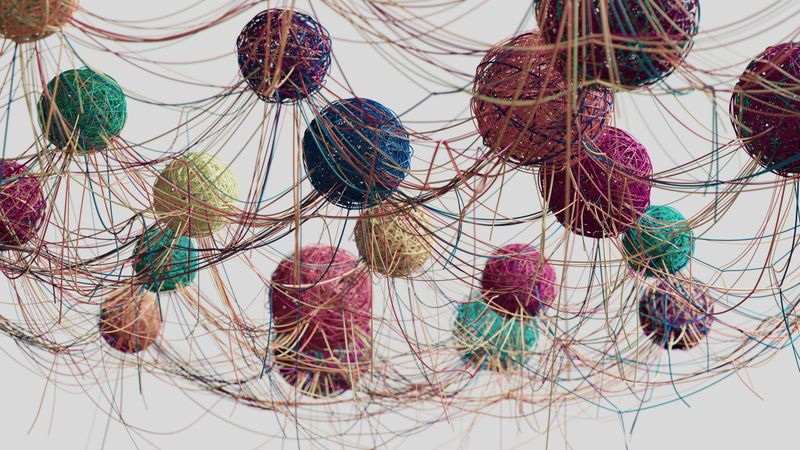 A vibrant art installation of colorful yarn balls wrapped with tangled wires, creating a dynamic, chaotic yet playful sculpture perfect for modern décor and creative projects.