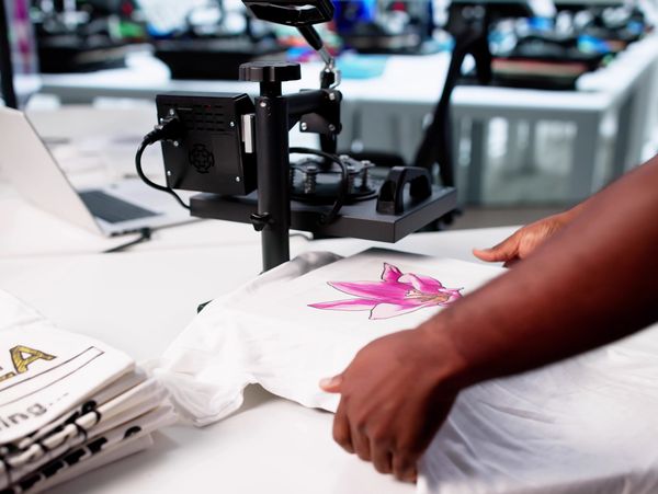 Person using heat press machine to print a pink floral design on a white t-shirt.