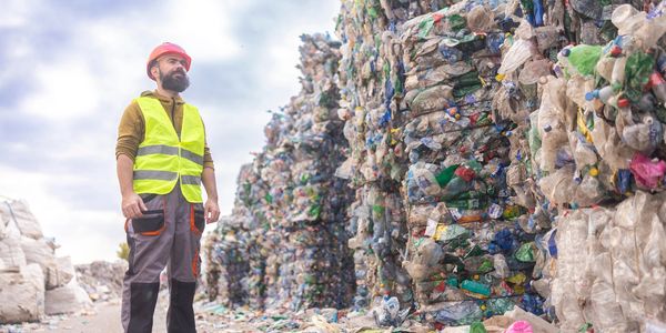Worker in safety gear stands by large stacks of compressed plastic bottles at recycling facility.