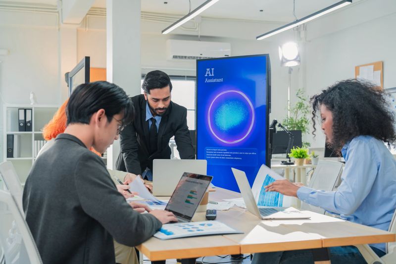 Diverse business professionals male and female meet in bright office interior, using AI virtual assistant to brainstorm, connect big data dots, discuss creative strategy teamwork growth and progress