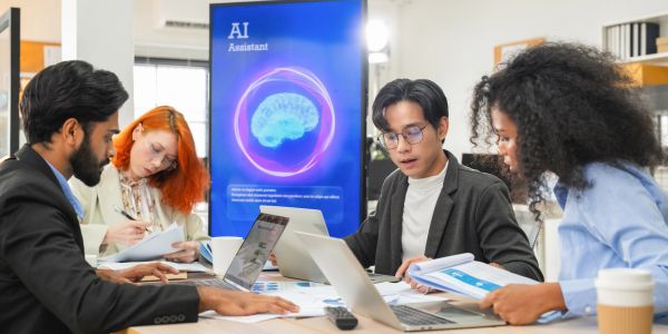 Team working on AI project in office.