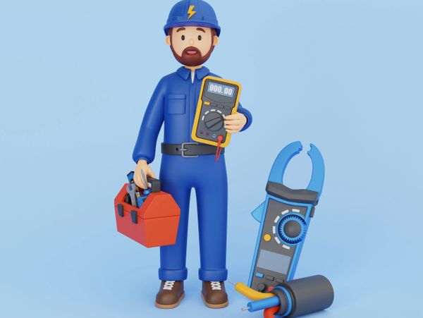 3D electrician holding a multimeter with toolbox and electrical tools.