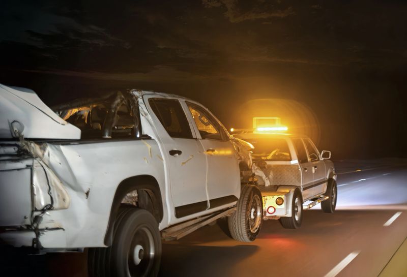 Car with low tow trailer in road, auto vehicles with carrier transporter hauler highway transport logistics haul with driver, Africa sunset