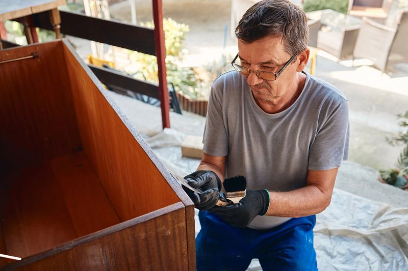 Middle-aged Asian male blue-collar worker refinishes wooden furniture outdoors wearing glasses and gloves, using a brush to apply finish in a sunlit residential backyard setting