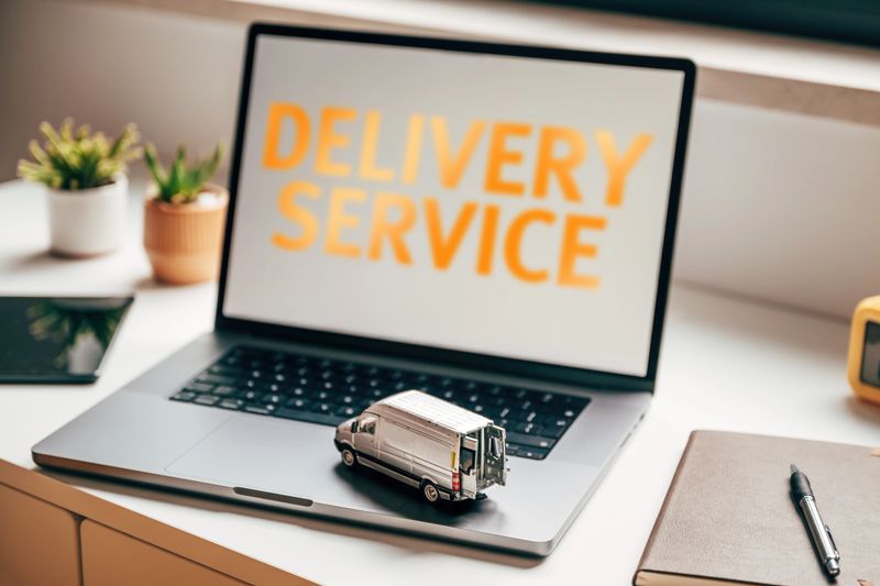 Laptop computer displaying Delivery Service text with miniature van model on keyboard, symbolizing logistics, shipping, and e-commerce delivery concept. Selective focus.