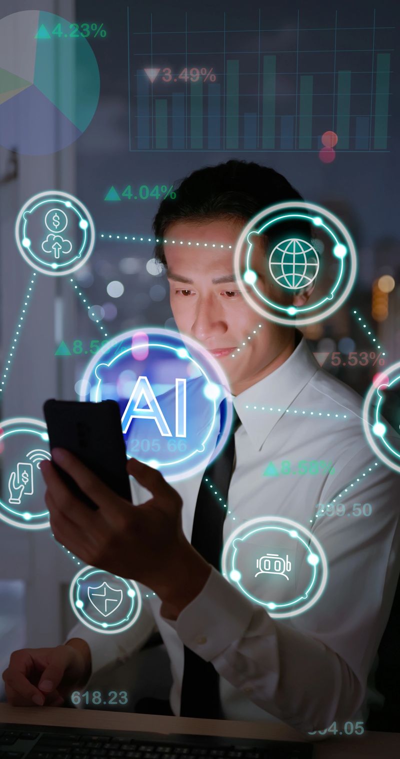 Asian businessman using smartphone with virtual holographic AI and fintech icons representing artificial intelligence technology in financial investment and data analysis