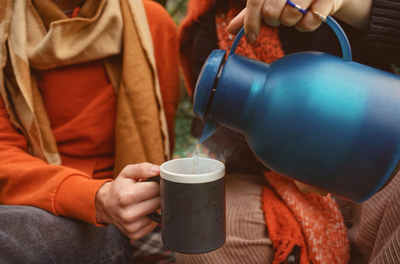 Close-up of hands pouring steaming tea from a blue thermos into a mug. The earthy tones and soft textures evoke comfort, friendship and the mindful pleasure of slowing down in nature. High angle view - Autumn, lifestyle