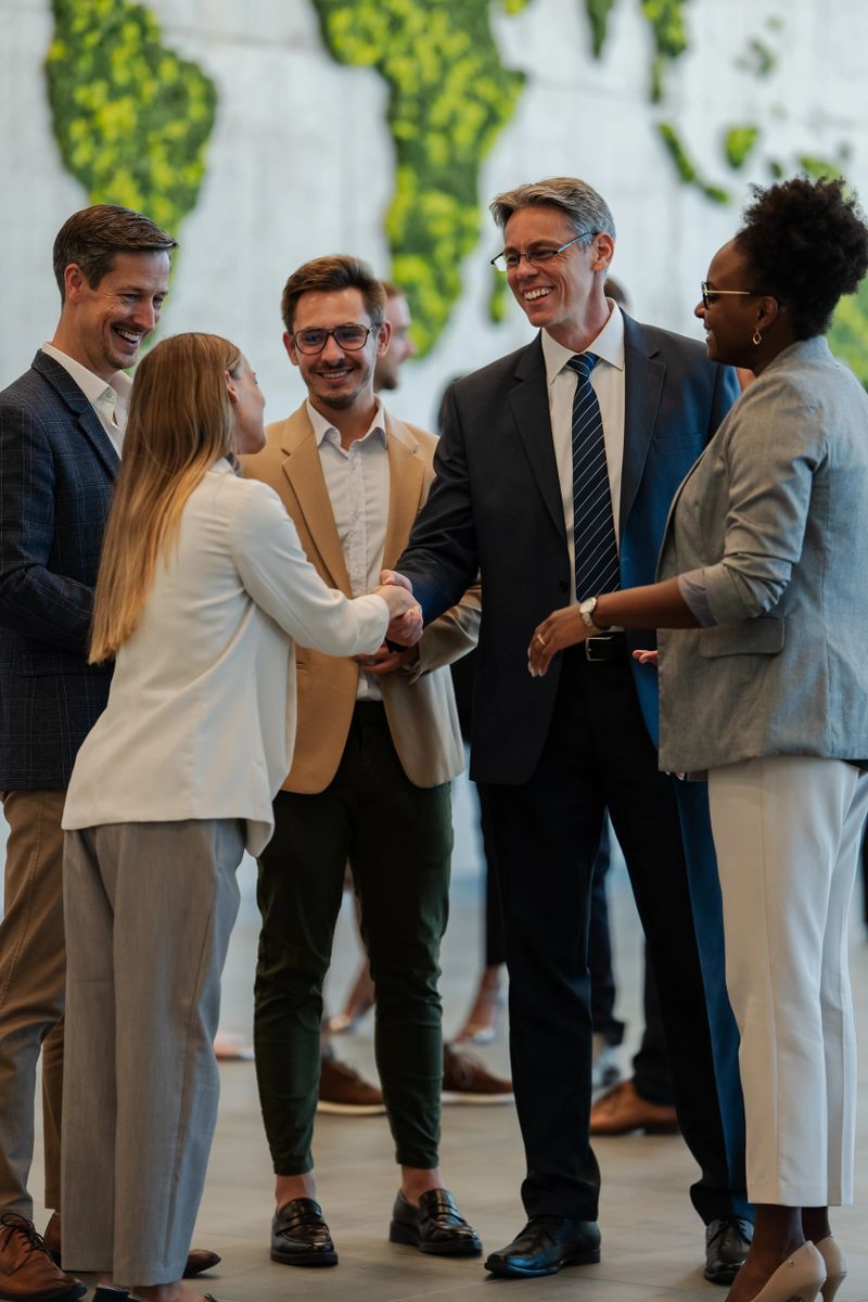 Diverse business professionals shaking hands and smiling during a global networking event, with a world map integrated into the wall