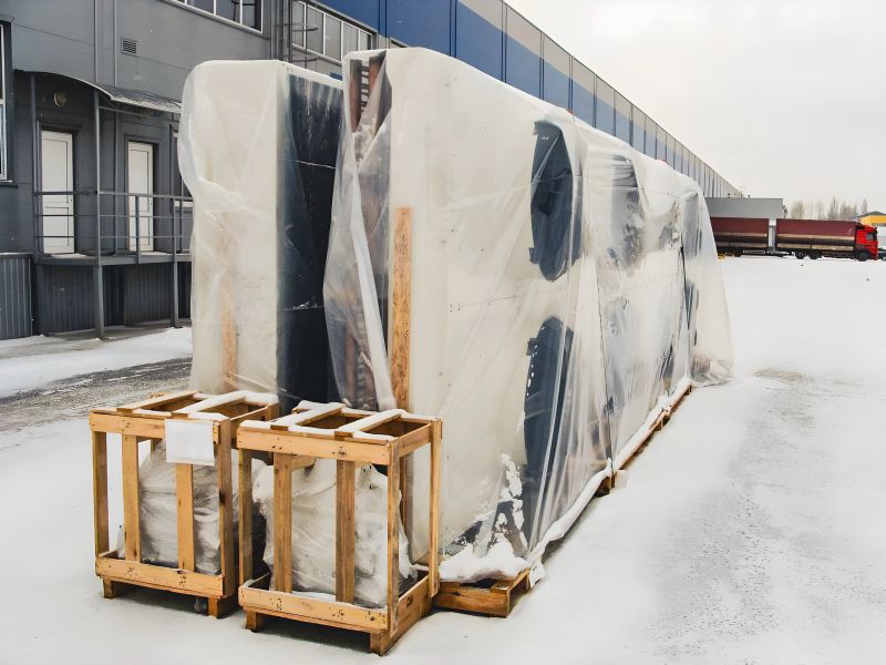 Large items, possibly machinery parts, are wrapped in plastic and placed on pallets outside a warehouse, with snow covering the ground.